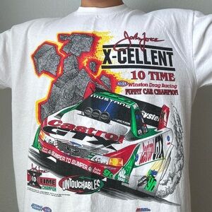 Vintage 2000 John Force Nascar AOP Racing Graphics White T-Shirt Y2K